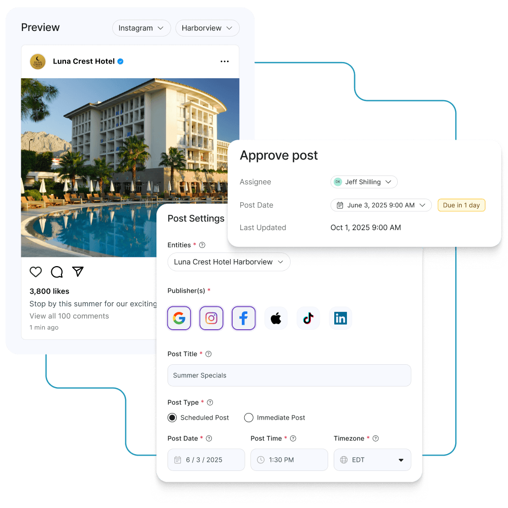 Gestion des publications sociales - Preview Instagram Luna Crest Hotel avec approbation de post multi-plateformes