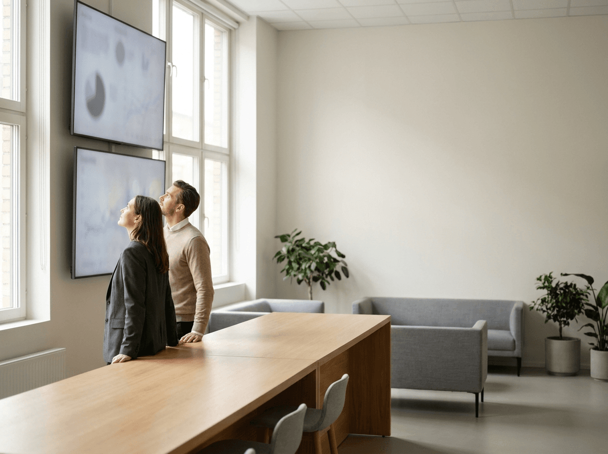 Équipe devant des écrans de supervision, dans un bureau clair
