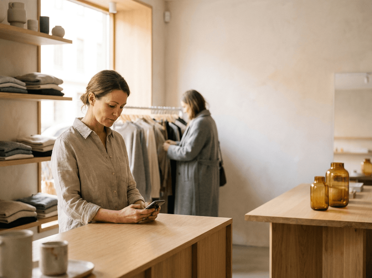 Commerçante consultant son téléphone derrière le comptoir de sa boutique