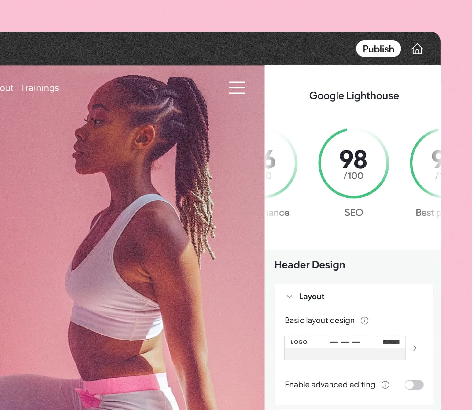 Interface de création de site avec score Google Lighthouse et réglages de mise en page