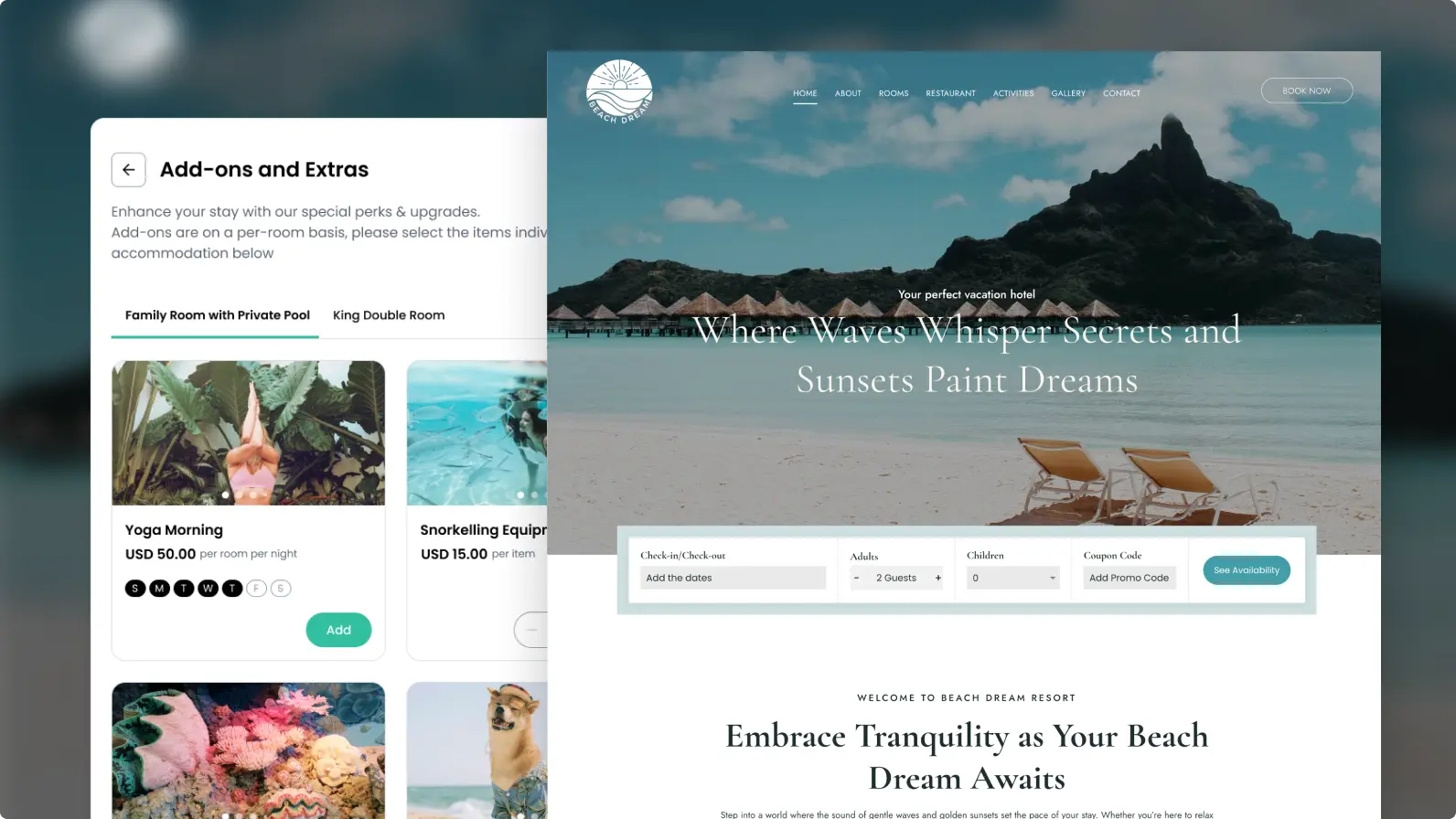 Page d’accueil d’un site d’hôtel, avec recherche de disponibilités